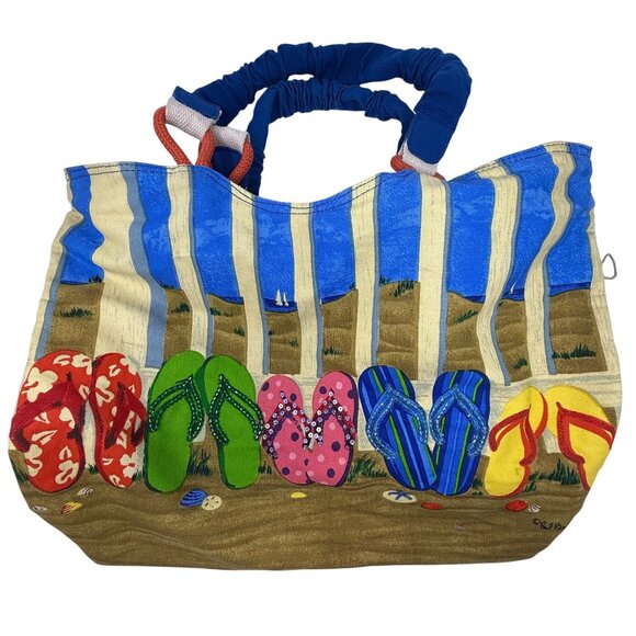 Paul Brent Colorful Beach Tote Bag Flip-Flop Print Canvas Zippered Summer Vibes - Picture 2 of 9
